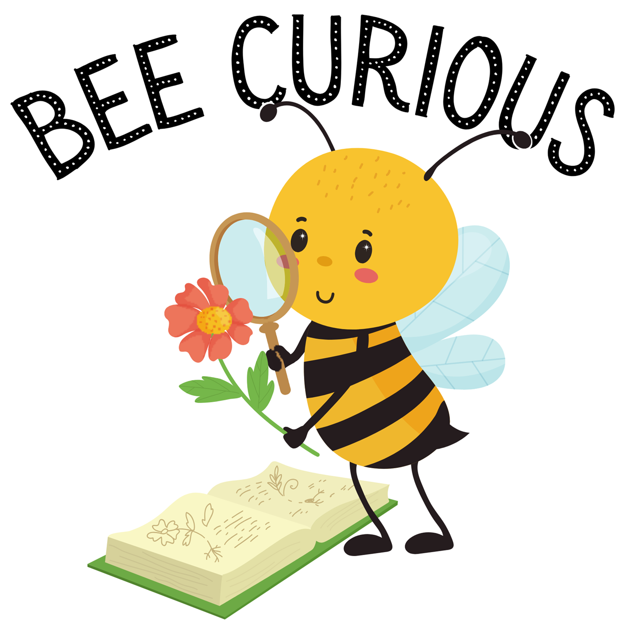 Logo for Bee Curious with honeybee cartoon looking through a magnifying glass at a flower